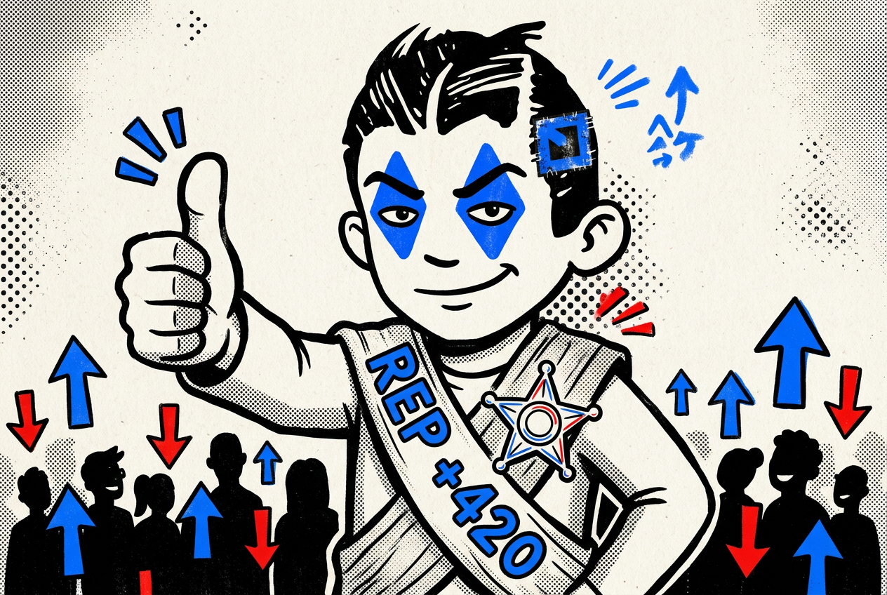 Mascot wearing a sash labeled REP +420